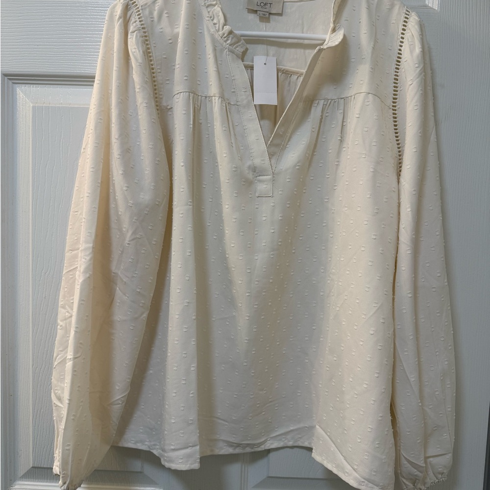 LOFT Cream Buttoned Blouse with Mandarin Collar